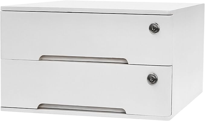 Wooden Desk Organizer with Drawers & Lock, Desktop Countertop Storage Cabinet Lockable Home Office Supplies File Tabletop Organizing Unit (2 Drawer - Modern White)