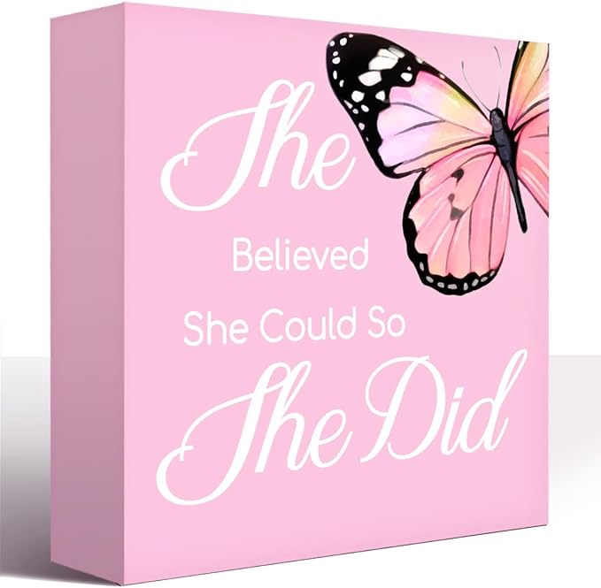 LVQHI Inspirational Pink Wooden Block Sign With "She Believed She Could So She Did" Quote, Achieve Office Desk Decor For Women, Motivational Shelf Display Gift, 5"L x 5"W x 1.2"H