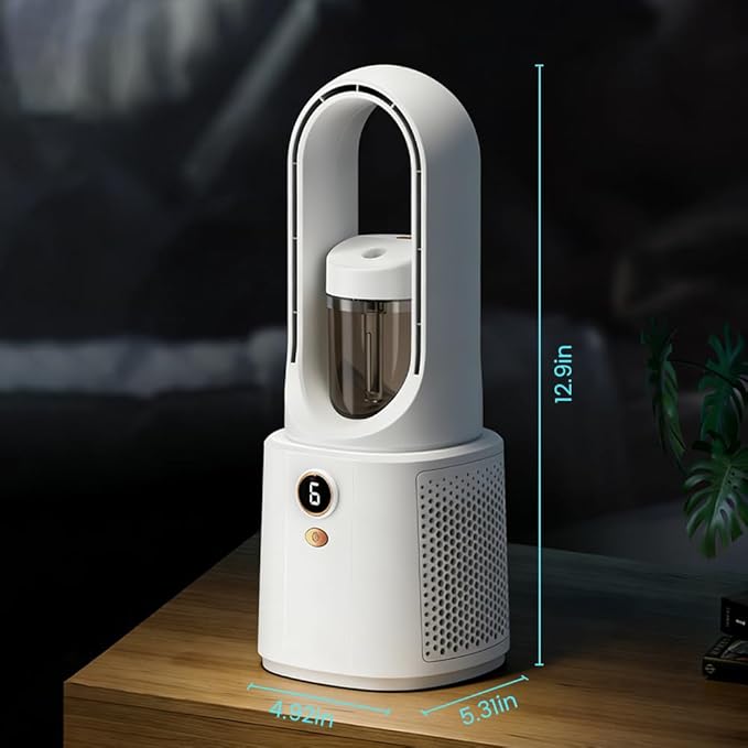Bladeless Fan for Desk, Night Light & Humidifier Cooler, Desk Fan Quiet, 5 Speeds for Powerful Airflow, Silent Desk Fan, Bladeless Tower Fan for Bedroom, Office, Nightstand