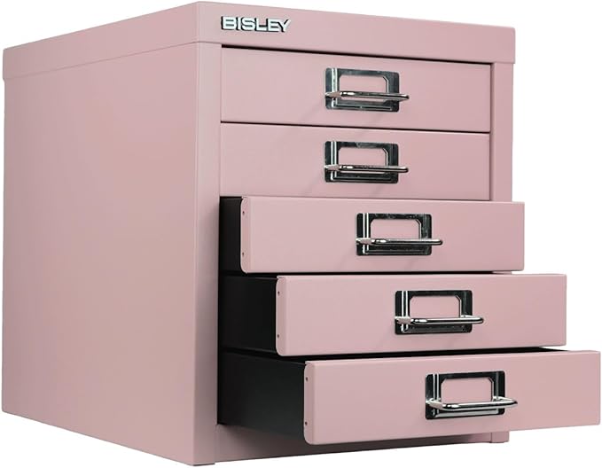 Bisley 5-Drawer Steel MultiDrawer Cabinet - Palest Pink, Chrome Pull Handles with Label Holders, Powder-Coated Steel, Removable Drawers, Desktop Storage, Labels Included