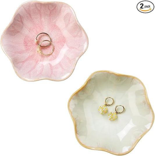 2PCS Lotus Leaf Shape Ring Holder Dish, Small Key Bowl, Ceramic Trinket Tray Jewelry Dish Organizing Necklace Earrings for Mom Friend Sister, All Jewelries Are NOT Included.Pink+Light Green.…