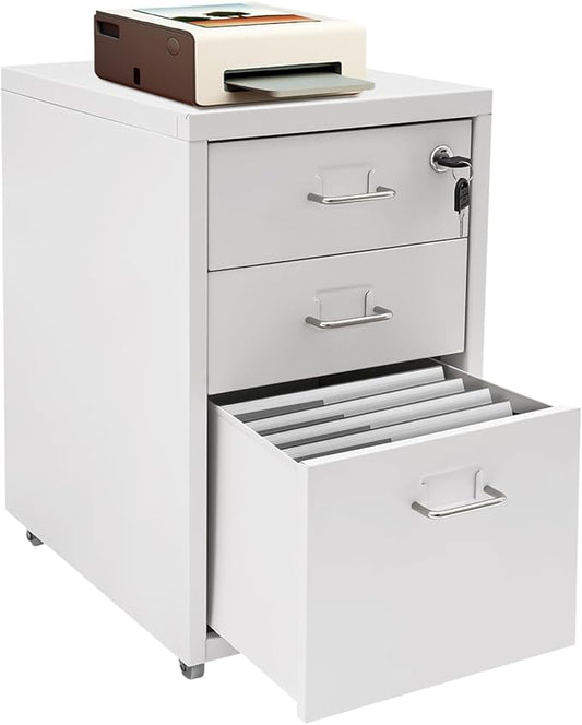 3 Drawer Mobile File Cabinet with Lock, Under Desk Rolling Filing Cabinets with Tag Jacks, Lockable Vertical File Cabinet for Home Office, Easy Assembly (White)