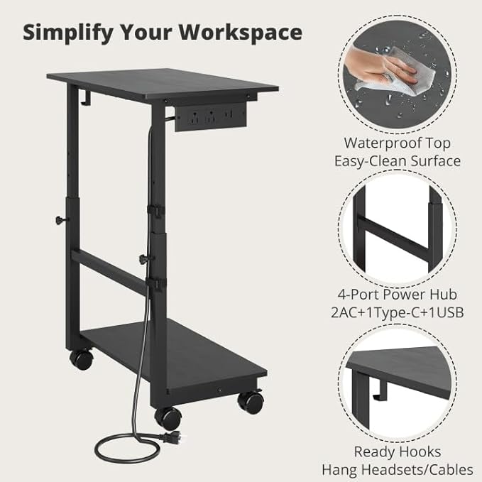 HavenlyYouth 2-Tier Computer Tower Stand with Power Outlet, Height Adjustable PC Tower Stand with Wheels, ATX-Case CPU Holder Cart with Hooks for Home, Office, Gaming (Black)