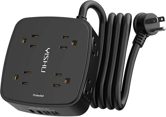6 Ft Surge Protector Power Strip - 8 Widely Outlets with 4 USB Ports, 3 Side Outlet Extender with 6 Feet Extension Cord, Flat Plug, Wall Mount, Desk USB Charging Station, ETL,Black