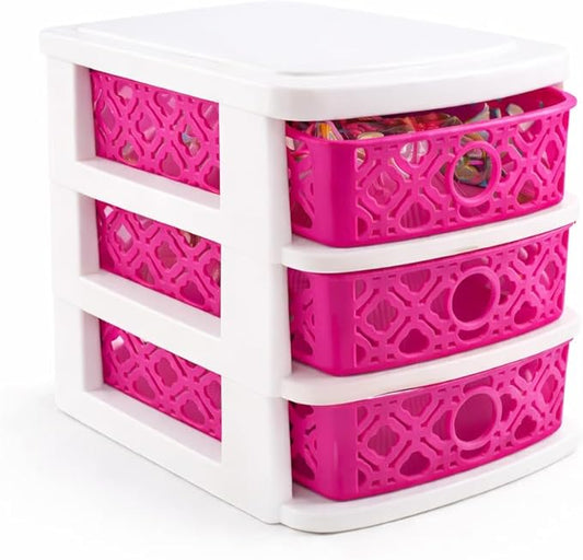 3 Drawer Basket Weave Mini Plastic Organizer Makeup HBA Cosmetics Arts & Crafts Desktop Stationary (Dark Pink)