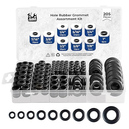 Rubber Grommets kit for Wiring- 205pcs Assorted in 9 Sizes 1",1/2",1/4", 3/4", 3/8", 5/8", 5/16", 7/8",7/16 "-Waterproof & Tear Resistant Firewall Grommets Perfect for Safe Sealing in Automotive.