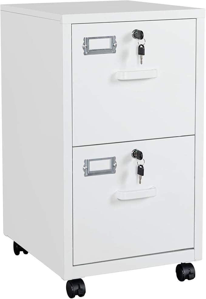 BYNSOE 2 Drawers File Cabinet with Lock Metal Vertical File Cabient with Wheels Mobile File Cabinet for Office Home Legal/Letter/a4 Size Require Assembly (White, 2 Drawers)