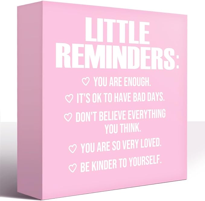 LVQHI Pink Decor For Desk, Little Reminders Sign Wood Box,Inspirational Office Desk Decor For Women, Small Motivational Office Table Accessories Decoration Signs 5"x5"x1.2" In
