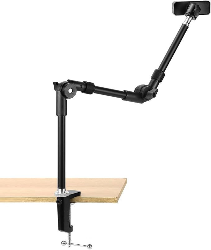 QWORK 25" Webcam Stand Camera Mount with Phone Holder, Gooseneck Camera Stand Desk Clamp & 5/8" Screw for Action Cameras, Projectors