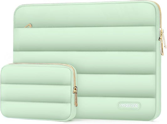 MOSISO Laptop Case 13.3 inch,13-13.3 inch Puffy Laptop Sleeve Compatible with MacBook Air 13.6 M5 M4 M3 M2 M1/Neo/Pro 13/14,HP Dell ASUS Lenovo,Polyester Horizontal Bag with Small Case, Mint Green