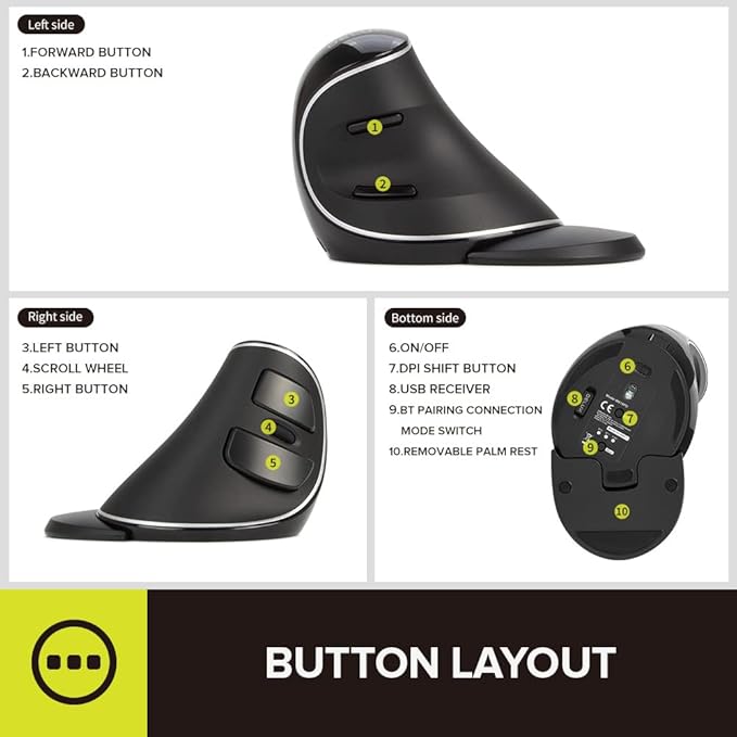 DELUX Wireless Ergonomic Vertical Mouse, Rechargeable Ergo Mouse for large Hands, Slient Click, Removable Wrist Rest, Up to 4000 DPI, 6 Buttons,2.4G Dual Mode, Compatible with Laptop/PC (M618PD-Black)