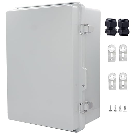 IP67 Waterproof Junction Box, ABS Plastic Electrical Enclosure with Stainless Steel Latch, Hinged Cover Electric Box with Mounting Plate, Wall Brackets & Cable Glands 400x300x180mm