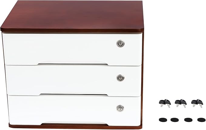 Wood Desk Organizer with 3 Drawers, Lockable Desktop Countertop Storage Cabinet for Home Office Supplies File Tabletop Organizing Unit, 15.75" x 11.02" x 12.2" (Dark Brown + White)