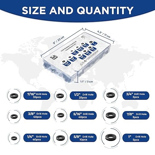 Rubber Grommets kit for Wiring- 205pcs Assorted in 9 Sizes 1",1/2",1/4", 3/4", 3/8", 5/8", 5/16", 7/8",7/16 "-Waterproof & Tear Resistant Firewall Grommets Perfect for Safe Sealing in Automotive.