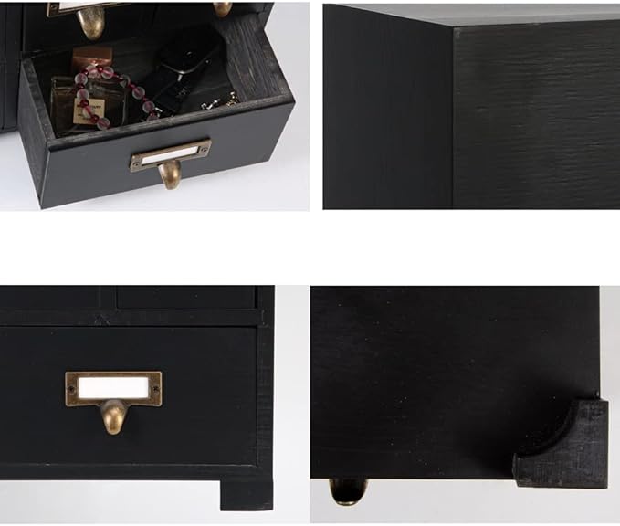 Apothecary Cabinet with 9 Drawers & Labels Rustic Library Card Catalog Cabinet Desktop Wooden Storage Box for Organize Herbal、Tea Bag、Jewelry (Black)
