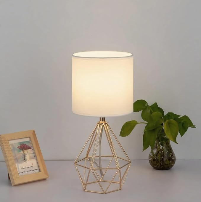 Gold Small Table Lamp Set of 2, Modern Bedside Nightstand Lamps with Geometric Metal Base White Fabric Shade, Cute Desk Lamp for Living Room Bedroom