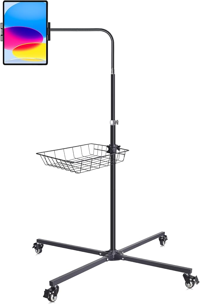 Premium Rolling Tablet Floor Stand with Heavy Duty Industrial Wheels & Storage Basket, Tall Adjustable iPad Stand Floor on Wheels, Universal Mount Holder for iPad Pro, Air, Mini, Phone