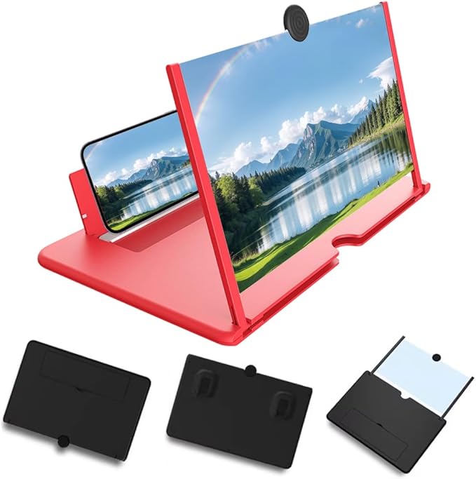 Mobile Phone Magnifier Screen, 3D HD Magnifying Projector Screen Enlarger for Movies Videos and Gaming, Foldable Phone Stand with Screen Amplifier, Compatible with All Smartphones (Red, 10inch)