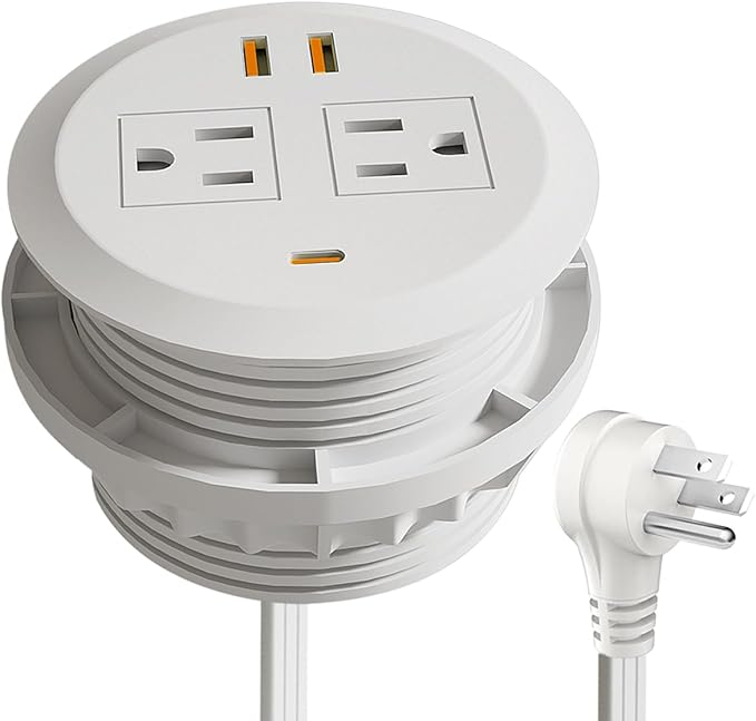 3 Inch Desktop Power Grommet,65W GaN USB C Fast Charging Station,3-USB Port,Flush Mounted for 3-1/8" Holes,Flat Plug.Round Recessed Desk Grommet Outlet for Workspace,Laptops,6.3ft,White