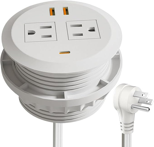 3 Inch Desktop Power Grommet,65W GaN USB C Fast Charging Station,3-USB Port,Flush Mounted for 3-1/8" Holes,Flat Plug.Round Recessed Desk Grommet Outlet for Workspace,Laptops,6.3ft,White