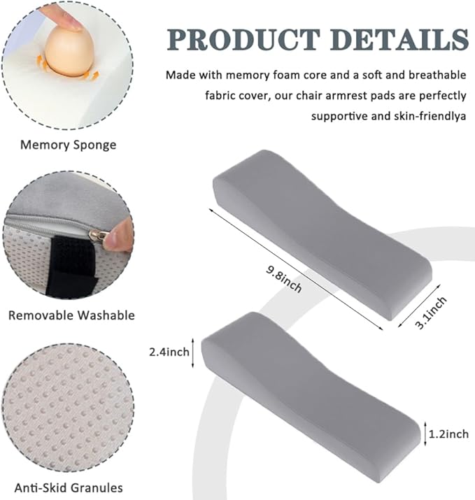 2 Pack Office Chair Armrest Pads Covers,Arm Rest Pad with Memory Foam Elbow Pillow for Forearm Pressure Relief, Arm Rest Covers for Office Chairs, Wheelchair, Comfy Gaming Chair (Grey)