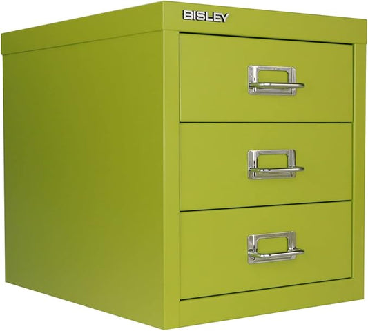 3-Drawer Steel MultiDrawer Cabinet - Bisley Green, Chrome Pull Handles with Label Holders, Powder-Coated Steel, Removable Drawers, Desktop Storage, Labels Included by Bisley