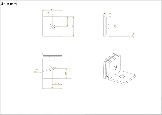 Ranbo Square Frameless Glass Clamp Connector for Shower Door Fixed Panel, Wall-to-Glass Corner, 304 Stainless Steel, 5/16" - 1/2" (8-12 mm) Thickness, 2 PC, Gold