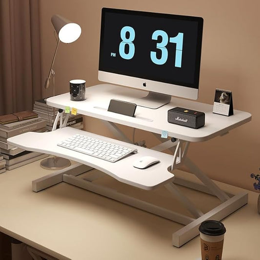32 Inch Height Adjustable Stand Up Desk Riser, Heavy Duty Computer Workstation with Removable Keyboard Tray - Ergonomic Design for Home Office Workshop Gaming, Spacious Platform(White)