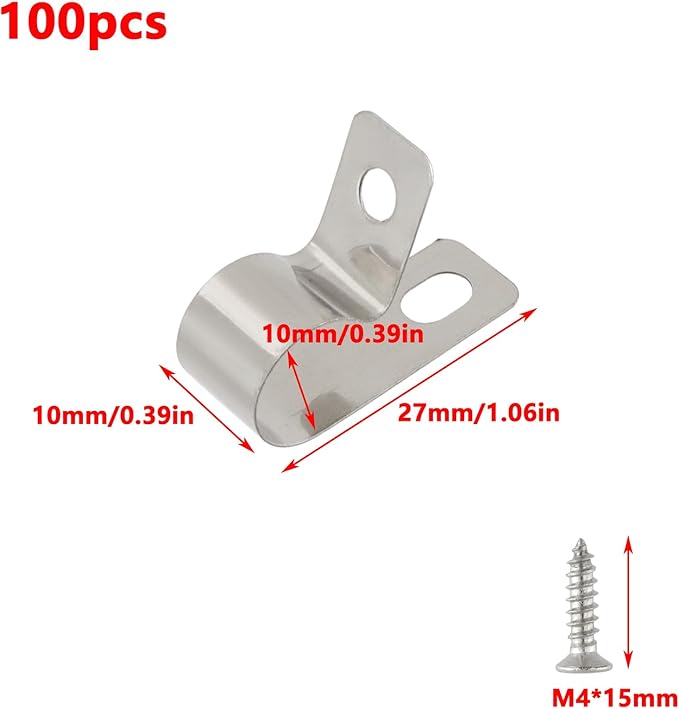 Antrader R-Type Cable Clips,10mm/0.39" Cable Clamps with Screws,304 Stainless Steel,100Pcs
