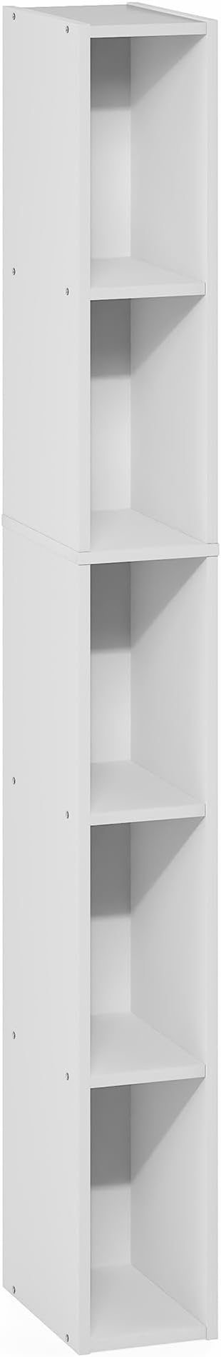 Furinno Fulda Book Shelf, 5-Tier Tall Narrow Bookshelf, Standing Bookcase with 6-in Width Storage Shelf, 9.3 x 5.9 x 51.9, for Organization Storage, for Living Room, Bedroom, Home Office, White