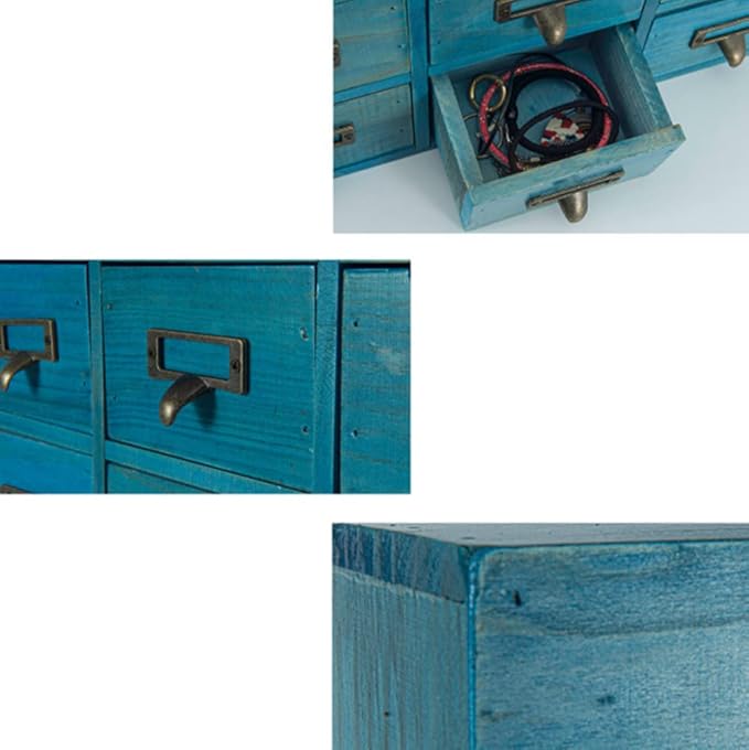 16 Drawers Apothecary Cabinet with Drawers Tabletop Apothecary Chests and Cabinets Library Card Catalog Cabinet Herb Storage Box Wooden Desk Drawer Organizer Medicine Vintage Furniture (BLUE)