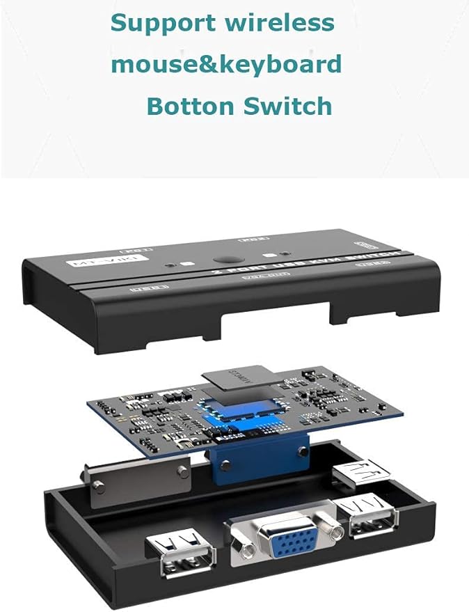 MT-VIKI VGA KVM Switch, 2 Port USB VGA KVM Switch for 2 Computers Share 1 Monitor Keyboard Mouse Printer, + 2 KVM Cables