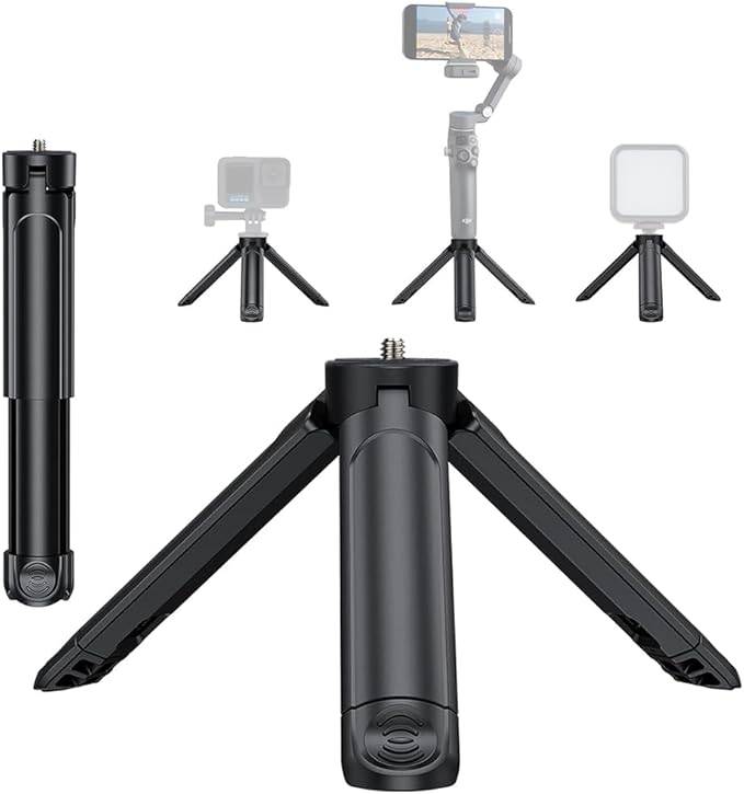 Mini Tripod for DJI Pocket3/4 2-in-1 Desktop Stand & Grip Handle - Ultra Portable Geared Heads Tripod for DSLR Webcam Phone 1/4” Mount 2oz Lightweight