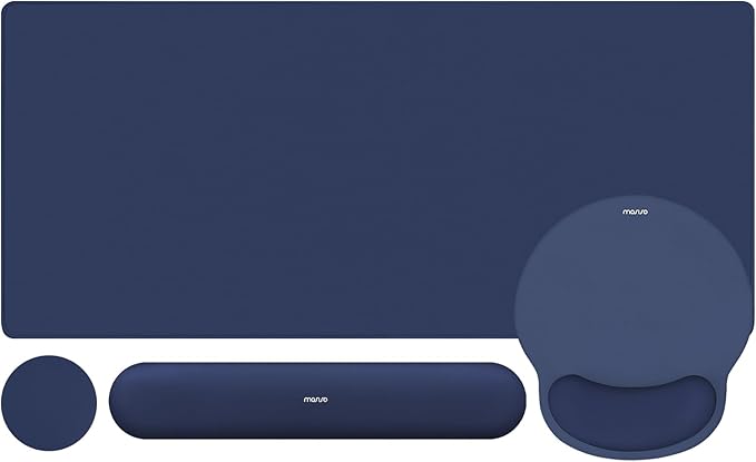 MOSISO Wrist Rest for Keyboard Mouse Pad Set, Large Gaming Deskpad&Circle Curved Mousepad&Keyboard Wrist Rest&Coaster, Ergonomic Non-Slip Mousepad&Easy Typing Pad with Silicone Lining, Navy Blue