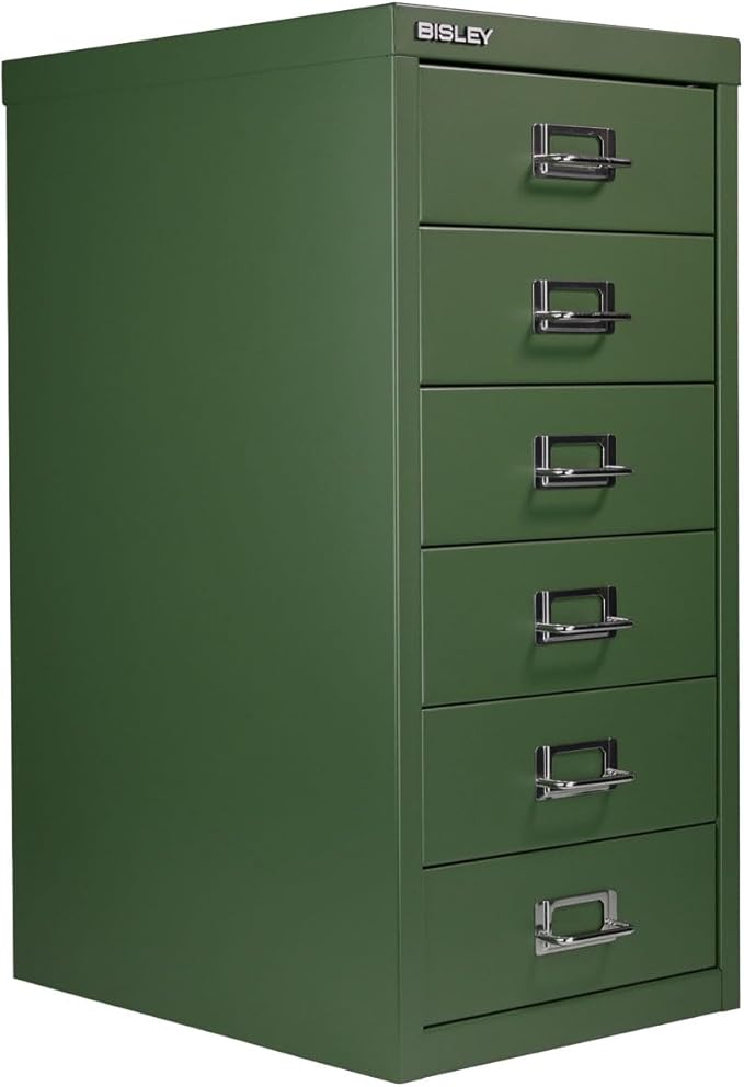 Bisley 6-Drawer Steel MultiDrawer Cabinet - Olive Green, Chrome Pull Handles with Label Holders, Powder-Coated Steel, Removable Drawers, Fits Under Most Desks, Labels Included