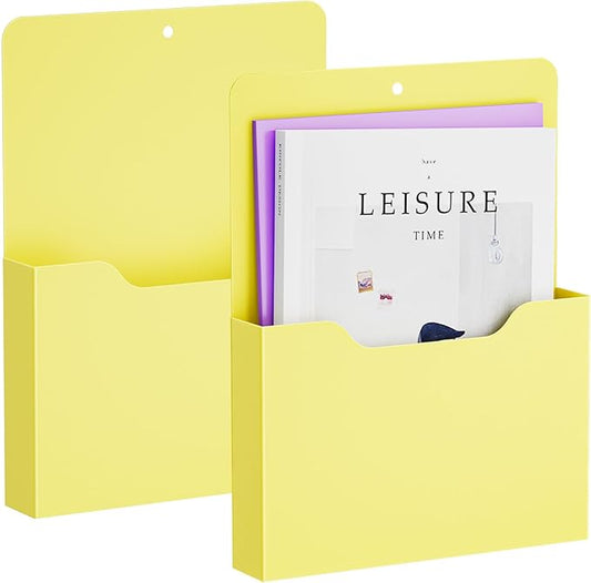 2 Pack Magnetic File Holder - Paper Holder, Pocket Organizer,Hanging Wall File Organizer Office Supplies Storage, Magazine Mail Organizer Case for Notebooks,Planners,Letter (Yellow)