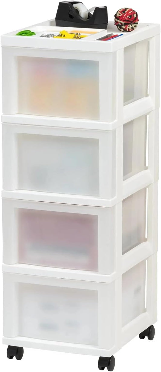 4-Drawer Narrow Plastic Storage Cart, with A Top Storage Compartment, Multi-functional Mobile Storage Cabinet, Suitable for Offices, Dormitories, and Craft Rooms. (White)