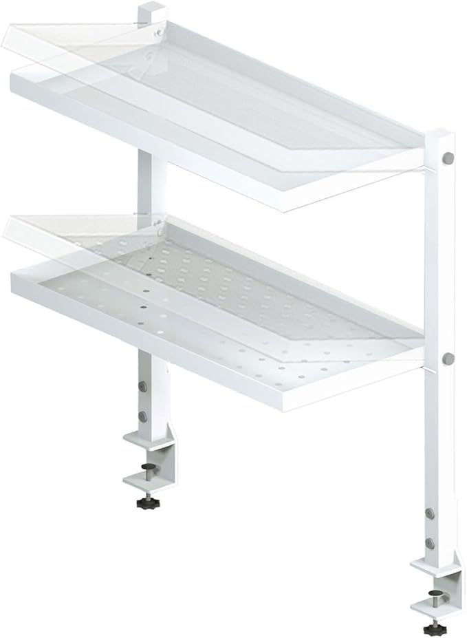 Clamp on Desk Shelf, 2 Tier Shelving Unit Clamp-on Above or Below Desk Extension Organizer Display Rack with Adjustable Metal Storage Tray, No Drilling