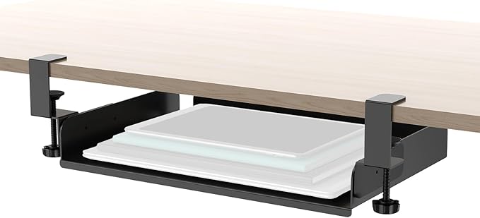 Screw-Mounted Under Table Tray 16x10 Metal Storage for Laptops, Tools & Gaming Setup Cable Management Desk Laptop Arranger Carbon Steel Desk Shelf