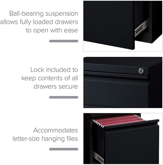 BOWERY HILL 20" 3-Drawer Modern Metal Mobile Pedestal Filing Cabinet in Black, Lockable, Sturdy Steel Construction, Mobile Office Storage, Durable Document Organization