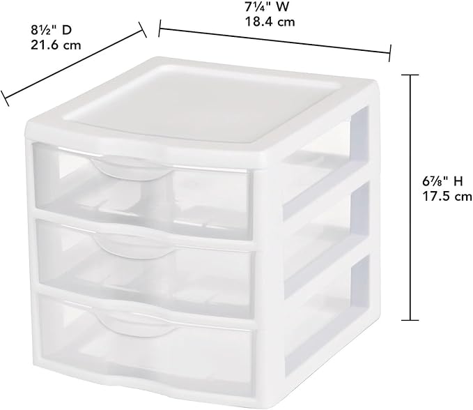 Small 3 Drawer Unit, Clear Plastic Countertop or Desktop Drawers, White