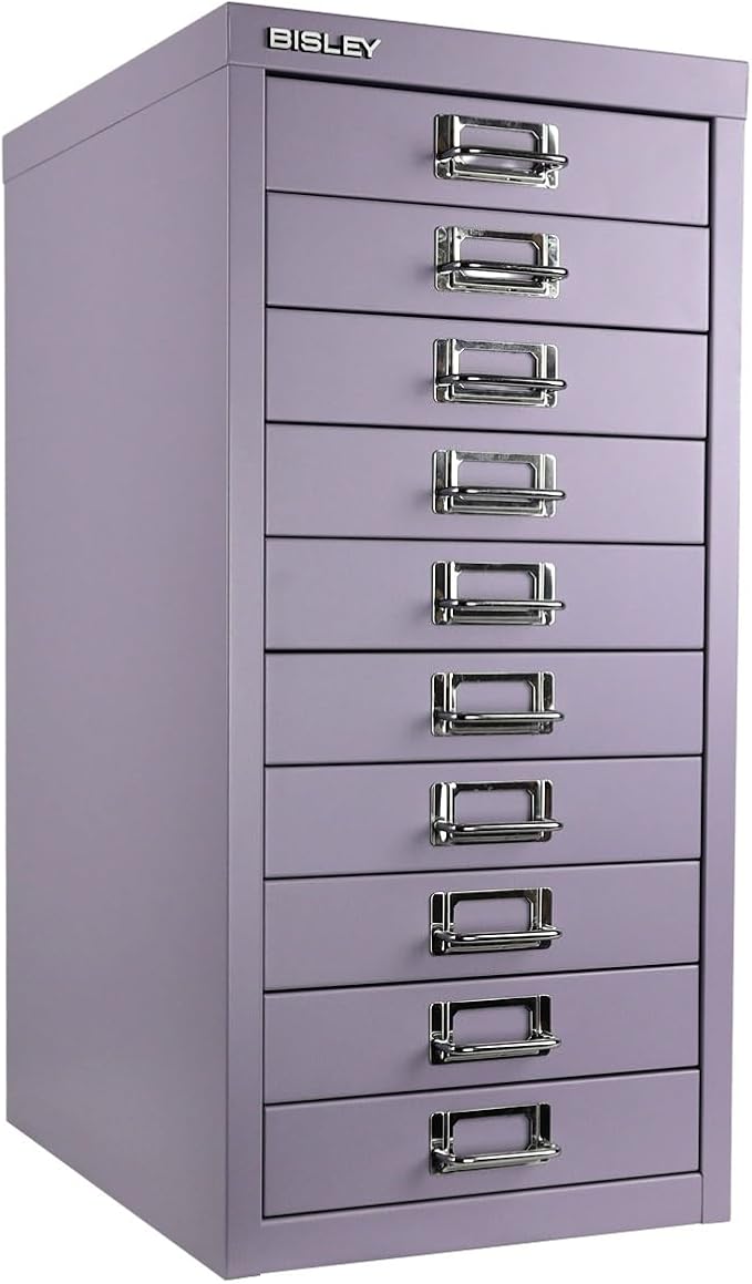 Bisley 10-Drawer Steel MultiDrawer Cabinet - Lilac, Chrome Pull Handles with Label Holders, Powder-Coated Steel, Removable Drawers, Fits Under Most Desks, Labels Included