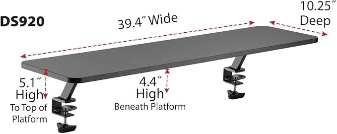 Kantek Ergonomic Mounted Computer Monitor Riser Stand, Floating Desk Shelf, Clamp On Base, Extra-Wide, 39.4" X 10.2" X 5.1", Black