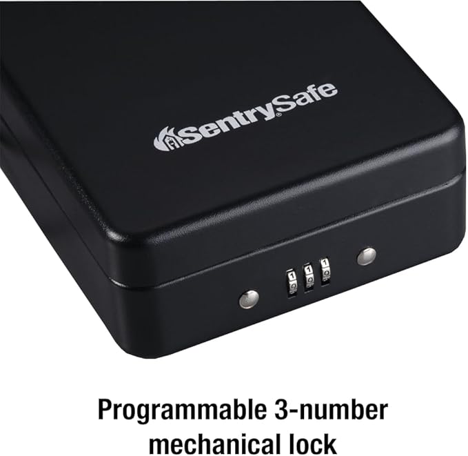 SentrySafe Small Safe, Black Lock Box with Combination Lock for Office or Dorm Secures Money, Passport, Jewelry, 0.05 Cubic Feet, Exterior: 2.6 in. H x 5.9 in. W x 8.0 in. D, ‎P005C