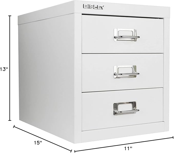 Bisley 3-Drawer Steel MultiDrawer Cabinet - Traffic White, Chrome Pull Handles with Label Holders, Powder-Coated Steel, Removable Drawers, Desktop Storage, Labels Included