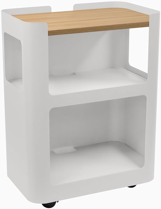 Desky Minimal Open Mobile Pedestal – 3-Tier Open Storage Cabinet with Hidden Swivel Casters and Integrated Cable Management, White Frame/Sublime Teak