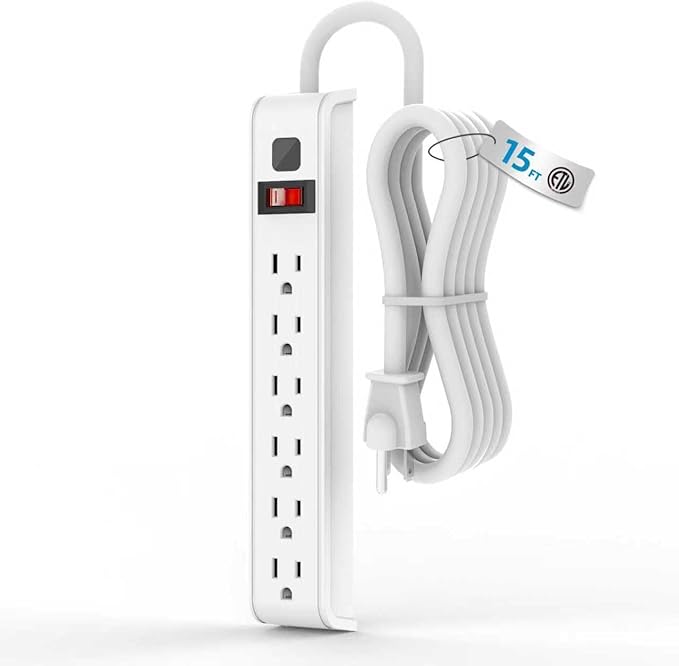 TiFFCOFiO Surge Protector Power Strip, 15 Feet Extension Cord, 600 Joules Surge Protection, Multiple Protection 6 Outlet Strip, 14 AWG Cord, 15A/1875W, ETL Listed