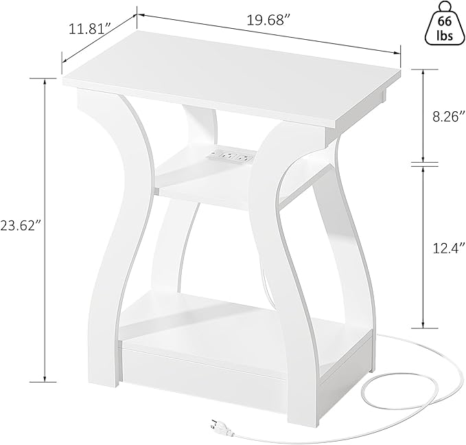 FROMJBEST End Tables Living Room, White End Table with Charging Station,White Side Table, Nightstand for Bedroom, 3 Tier End Table with Storage Shelf for Living Room
