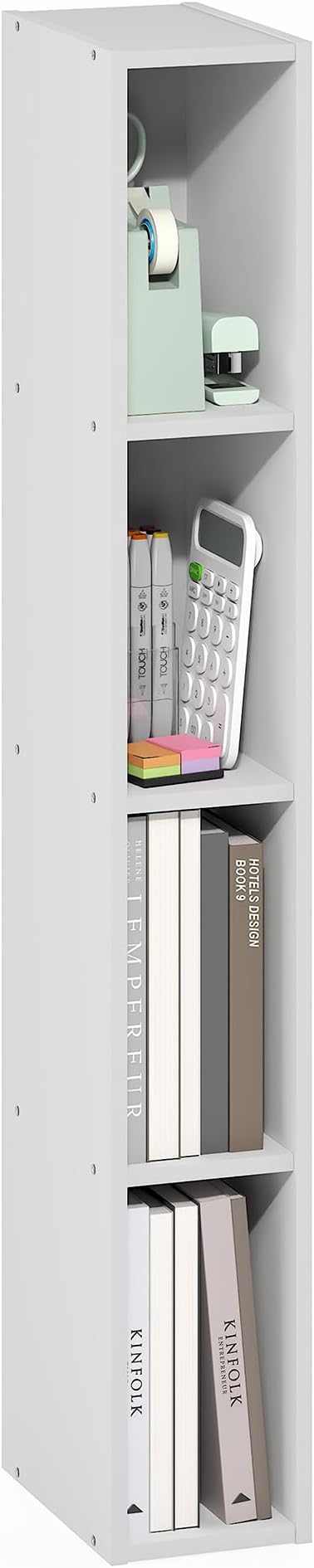 Furinno Fulda Book Shelf, 4-Tier Narrow Bookshelf, Standing Bookcase with 6-in Width Storage Shelf, 9.3 x 5.9 x 41.6, for Organization and Storage, for Living Room, Bedroom, Home Office, White