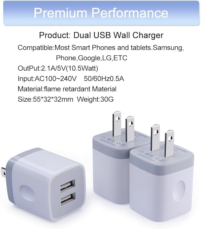 USB Wall Charger, Charging Adapter 3Pack 2.1A Dual Port USB Wall Charging Plug Block Head Box Travel Charger Cube Compatible iPhone 17 16 15 14 13 12 Pro Max XS XR 8 Plus,Pad,Pod,Samsung,Android Phone